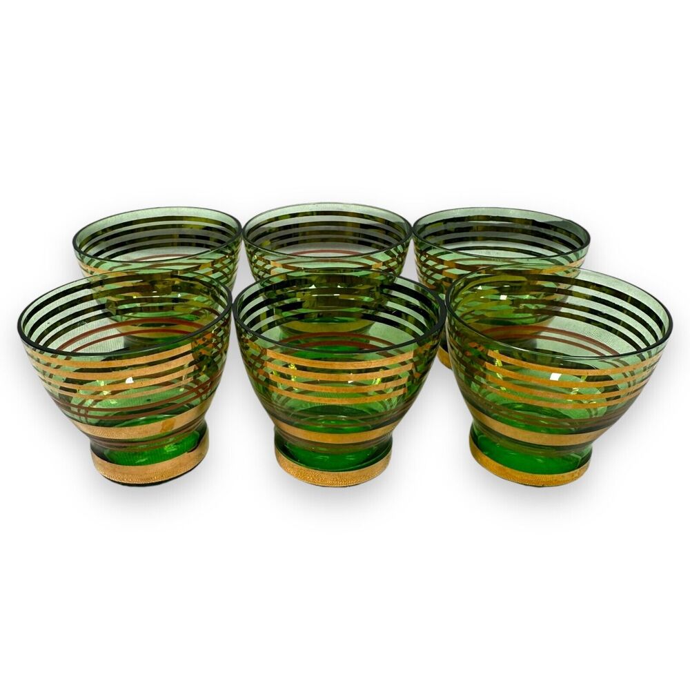 Vintage Borske Sklo Shot Glass Emerald‎ Green Gold Red Band Wide Mouth Lot 6
